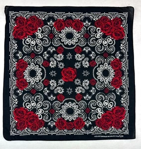 Vintage Black Bandana Red Roses White Paisley Rockabilly Cotton 22" x 22" - Picture 1 of 4