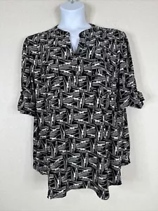 NWT Cocomo Womens Plus Size 3X Blk/Tan Geometric Pocket V-neck Top Elbow Sleeve - Picture 1 of 10