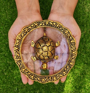 Golden Feng Shui Tortoise Statue Glass Plate Sculpted Good luck Gifting purpose - Picture 1 of 10