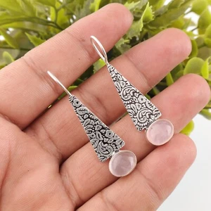Dainty Rose Quartz Gemstone Dangle Earrings 925 Sterling Silver Handmade Jewelry - Picture 1 of 5