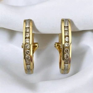 Vintage 14K Yellow Gold Diamond J Hoop Earrings w/ Omega Backs 0.28ctw - Picture 1 of 7
