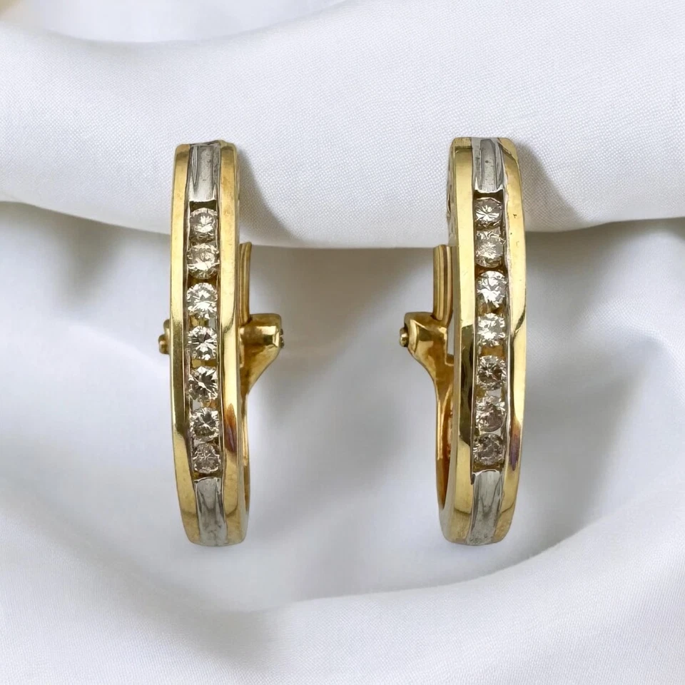 Vintage 14K Yellow Gold Diamond J Hoop Earrings w/ Omega Backs 0.28ctw - Image 1 of 4