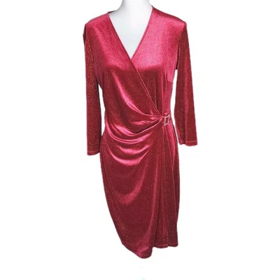 ANNE KLEIN Red Dress Womens 12 Sparkle Faux Wrap Rhinestone Buckle Cocktail Xmas - Image 1 of 4