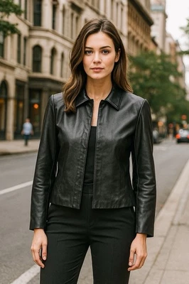 Chaqueta de cuero negra vintage para mujer cremallera oculta Y2K 90’s motociclista talla 8 Foto 1 de 4