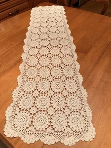 VTG Handmade White Ivory Lace Table Runner Doily 43.5” x 12” Country Farmhouse - Picture 1 of 4