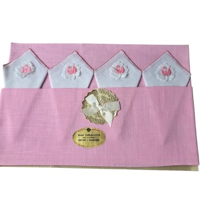 Vintage Majestic Creations Tablecloth 4 Napkins Pink White Rayon Square 52X52  - Image 1 of 4