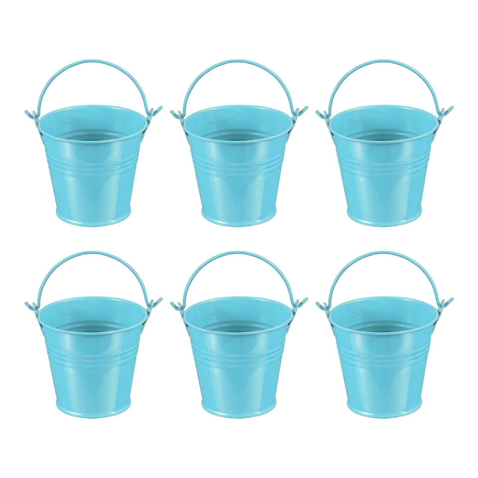 6 piezas cubos pequeños de metal de 2,7"x2,3" con mango mini cubo galvanizado azul Foto 1 de 4