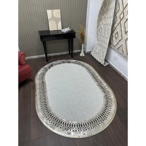 Oval Ecru Rug with Pale Gold Glitter Edge – Laser Cut Leather Border Carpet - Picture 1 of 3