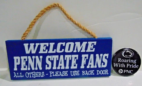 Penn State Nittany Lions University Blue Wooden Welcome Sign & Round Black Pin Cover