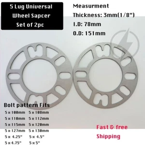 2Pc Wheel Spacers 3mm Thick Universal Fits 4 Lug & 5 Lug 78mm Center Bore - Picture 1 of 7
