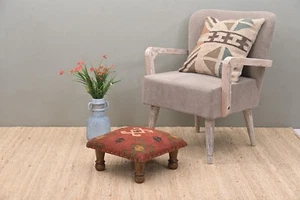 Handcrafted Acacia Wooden Footstool | Low Kilim Upholstered Footstool Ottoman | - Picture 1 of 5