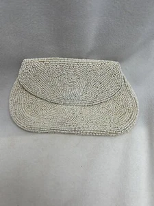 Vintage Beaded Belt Bag Coin Purse Snap Close Ivory Hand Made In France *Read - Picture 1 of 14