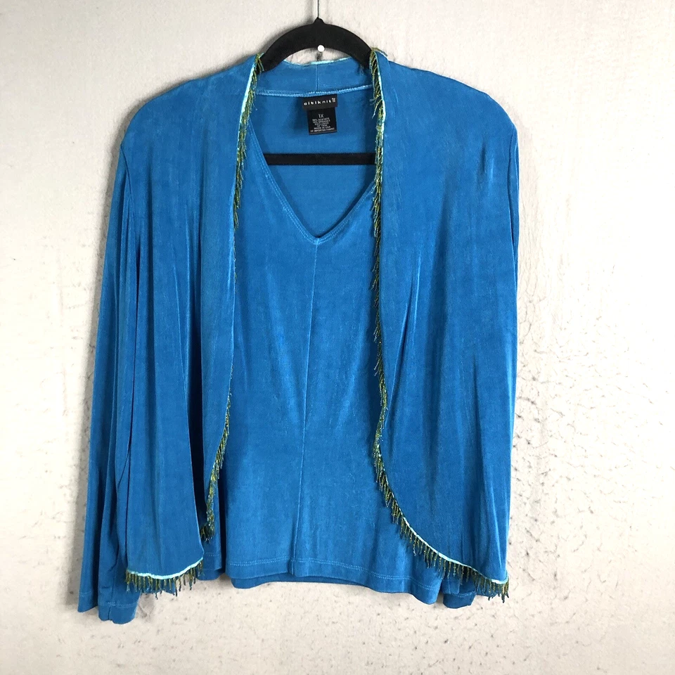 Conjunto Cárdigan Citiknits Mujer 1X Talla Grande Azul Slinky Viaje Tejido Cuentas Líquido Foto 1 de 4