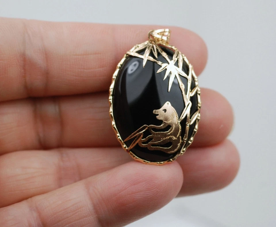 14K GOLD LARGE HEAVY SMOKEY QUARTZ PANDA BEAR & BAMBOO TREE DESIGN PENDANT - Image 1 of 3