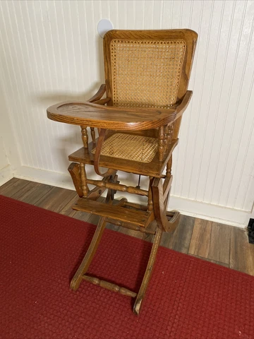 Vintage Convertible Child’s High Chair Rocking Chair, Tray, Cane Seat, Working Cover