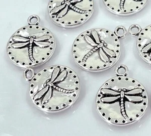 8 Dragonfly Raised Coin Charm Antique Silver Pewter Embossed Insect Pendant 15mm - Picture 1 of 5