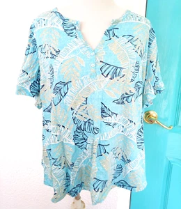 Coral Bay Womens 2X Blue Palms Print Cotton Stretch V Neck - Picture 1 of 5