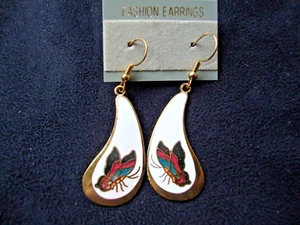 VINTAGE ECHTE CLOISONNE BUNTE SCHMETTERLING WEISSE TROPFEN GOLDFARBENE OHRRINGE - Bild 1 von 7