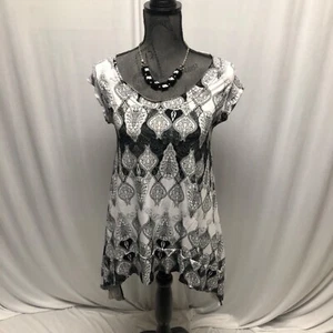 Nicola Anton Tunic Womens Size Medium Black White Raw Edge Neck Hem Stretch Top - Picture 1 of 7