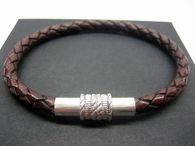 sterling silver 925 tube decor w/5mm braided Italian leather bracelet men/women  - Image 1 of 4