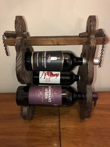 Primitive Vintage Wood Hand Carved 3 Wine Liquor Bottle Holder Rack Stand Shelf - Picture 1 of 12