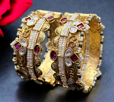 Indian Gold Plated Bollywood Style 2 Pcs Kada Bangles Kundan Ruby Jewelry Set