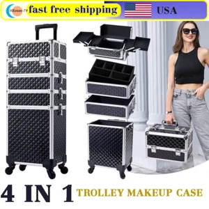 Rolling Makeup Case Train Trolley Cosmetic Organizer Storage Box Travel Salon - Picture 1 of 12