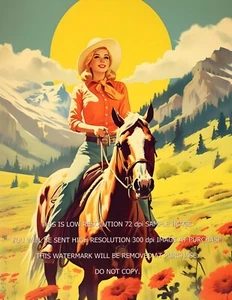 Cowgirl Reiten Pferd 60er Jahre Poster Grand Tetons Wyoming Giclée Kunstdruck 8,5x11 - Bild 1 von 2