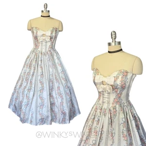 Gunne Sax Vintage 80er trägerloses Satin Prinzessin Kleid Größe 9 Blumen Streifen Schleifen - Bild 1 von 10