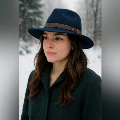 Pistil Soho Wide Brim Felt Navy Hat Brown Leather Band Fedora One Size Unisex - Image 1 of 4