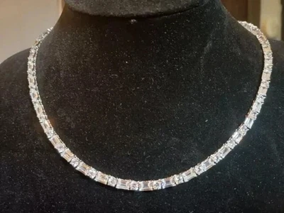 26Ct Baguette Cut Lab-Created Diamond Tennis Necklace 14k White Gold Plated 19" - Image 1 of 4