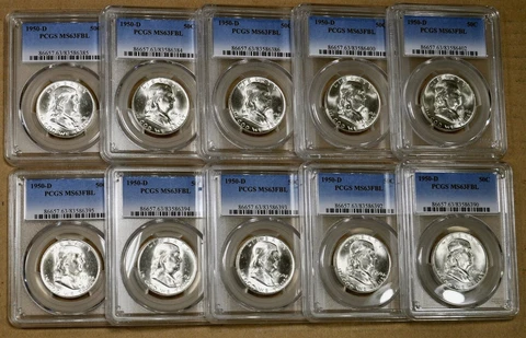 1950-D PCGS MS63 FBL Franklin Half Dollar - 100% Blazing White Cover