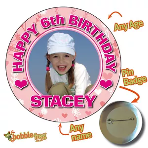 Personalised Birthday Badge PINK BLUE PHOTO Mum Mam Dad Grandad Nan Mummy 322 - Picture 1 of 8