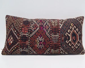 VINTAGE OLD KURDISH KILIM PILLOW CASE 24"x12" WOOL RECTANGLE KELIM RUG AREA RUGS - Picture 1 of 3