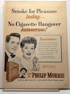 Anuncio impreso de la revista Lucille Ball Desi Lucy Philip Morris resaca de cigarrillos 1952 - Imagen 1 de 8