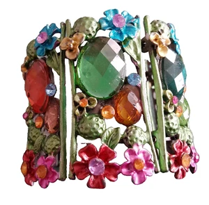 GORGEOUS FLORAL SPARKLY SEMI PRECIOUS STONES & ENAMEL CUFF BRACELET / BANGLE - Picture 1 of 5