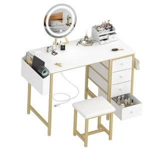 Gold Vanity Desk with Mirror and Light- Makeup Vanity Set Table with Chair, - Picture 1 of 8