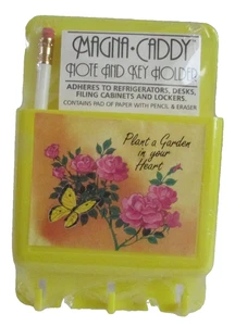Vintage 70er 80er Magna Caddy gelb Blumen Kunststoff Magnet Notiz Halter Neu in Verpackung - Bild 1 von 2