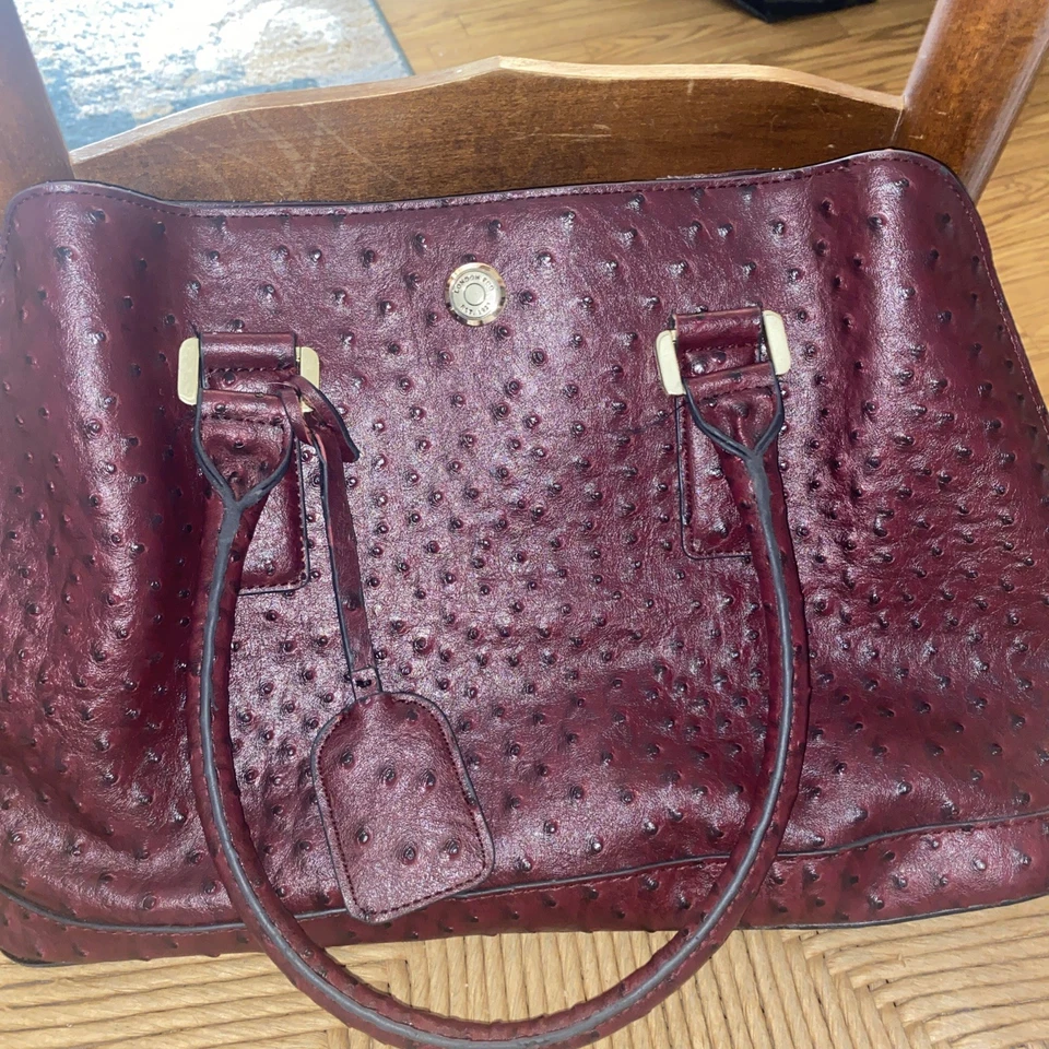 London Fog Tote, Dark Burgundy, Faux Ostrich Material, Used, Great Condition - Image 1 of 4