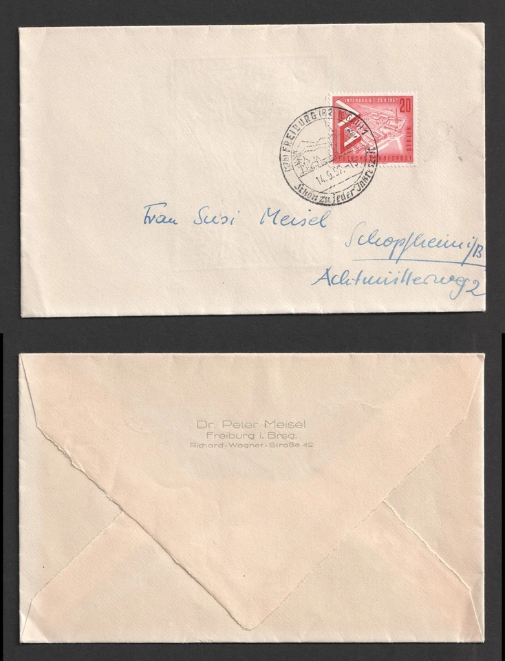 1957 Germany Berlin 20pf Interbau Building Exhibition on Freiburg Cover - Image 1 of 3