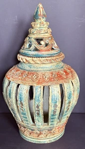 Vtg Terracotta Art Pottery Lantern Jar w/Lid, Open Vertical Slats, Inlays, 14" - Picture 1 of 24