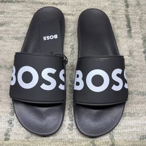 Hugo Boss Logo Print Slides White AUTHENTIC NEW Slides Size 12 FREE SHIPPING - Picture 1 of 6