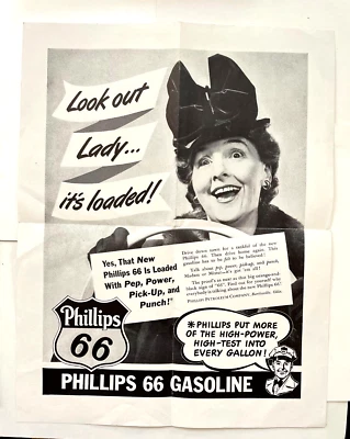 Anuncio grande vintage para "Phillips 66 gasolina" "Look Out Lady It's Loaded" * Foto 1 de 3