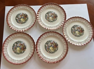 Set of 5 Sebring Pottery Co. Chantilly 22K Gold - Mandarin Maroon Dinner Plates - Picture 1 of 9