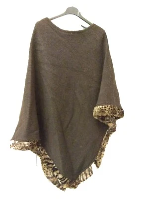 Poncho mantella misto lana cotta marrone Caldo eco pelliccia maculato XXL TOP ++ - Immagine 1 di 4