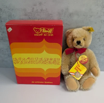 复古 Steiff 原装 TEDDY BEAR 0201/26 10 英寸填充动物毛绒全新带盒 — 第 1/4 张图片