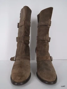 J.Crew Boots Suede Sz 9.5 Mid Calf Tan Brown Leather Buckles Straps Block Heels - Picture 1 of 12