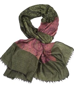 ETRO XL Fringed Olive Green and Plum Paisley Printed Cashmere Scarf 82x27 - Picture 1 of 4