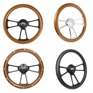 NUOVO 14" Volante Billet Vero Legno Mogano/Pelle Nera Mezzo Rivetto Avvolgente - Foto 1 di 125