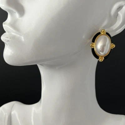 Gold Tone Pearl Earrings Oval Black Enamel Pierced - Image 1 of 4